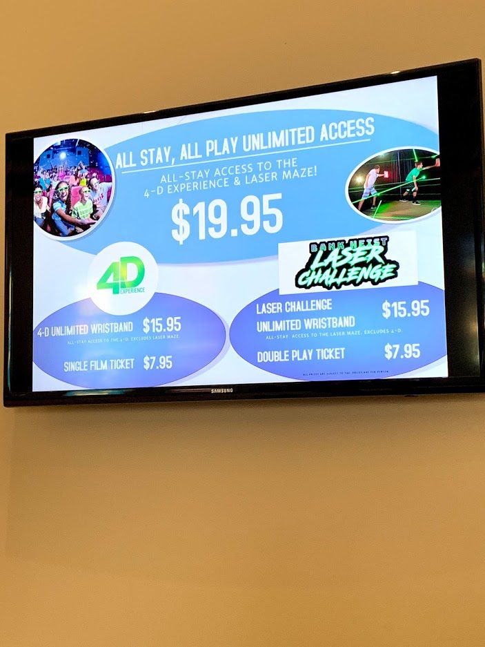 prices for the laser maze and 4D movies